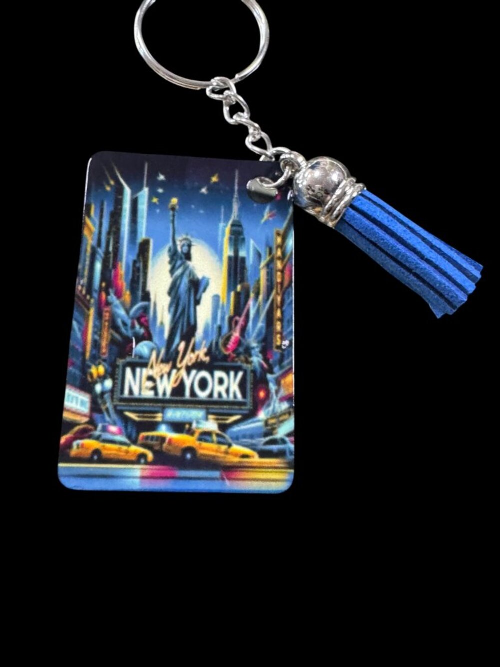 New York City Souvenir Keychain, Metal, with Blue Tassel Charm, Statue of Libert